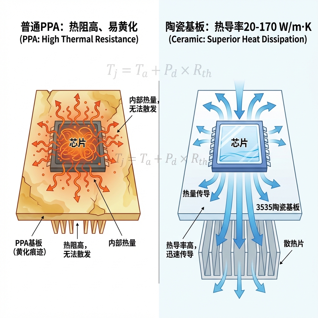 材料科学对比图：画面采用左右对比结构。左侧展示传统PPA塑料封装，热量被困在芯片周围无法散发，基板出现黄化，标注“普通PPA：热阻高、易黄化”。右侧展示3535陶瓷封装，热量迅速通过洁白的陶瓷基板向下传导，芯片保持冷色调，标注“陶瓷基板：热导率20-170 W/m·K”。背景为物理公式Tj = Ta + Pd × Rth。