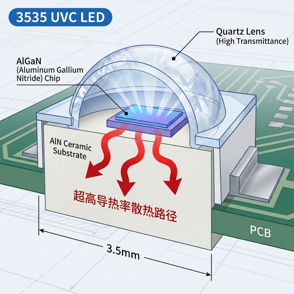3535紫外线LED灯珠的内部封装剖面示意图，展示了石英透镜、AlGaN发光芯片和氮化铝陶瓷基板，并强调其高效散热路径