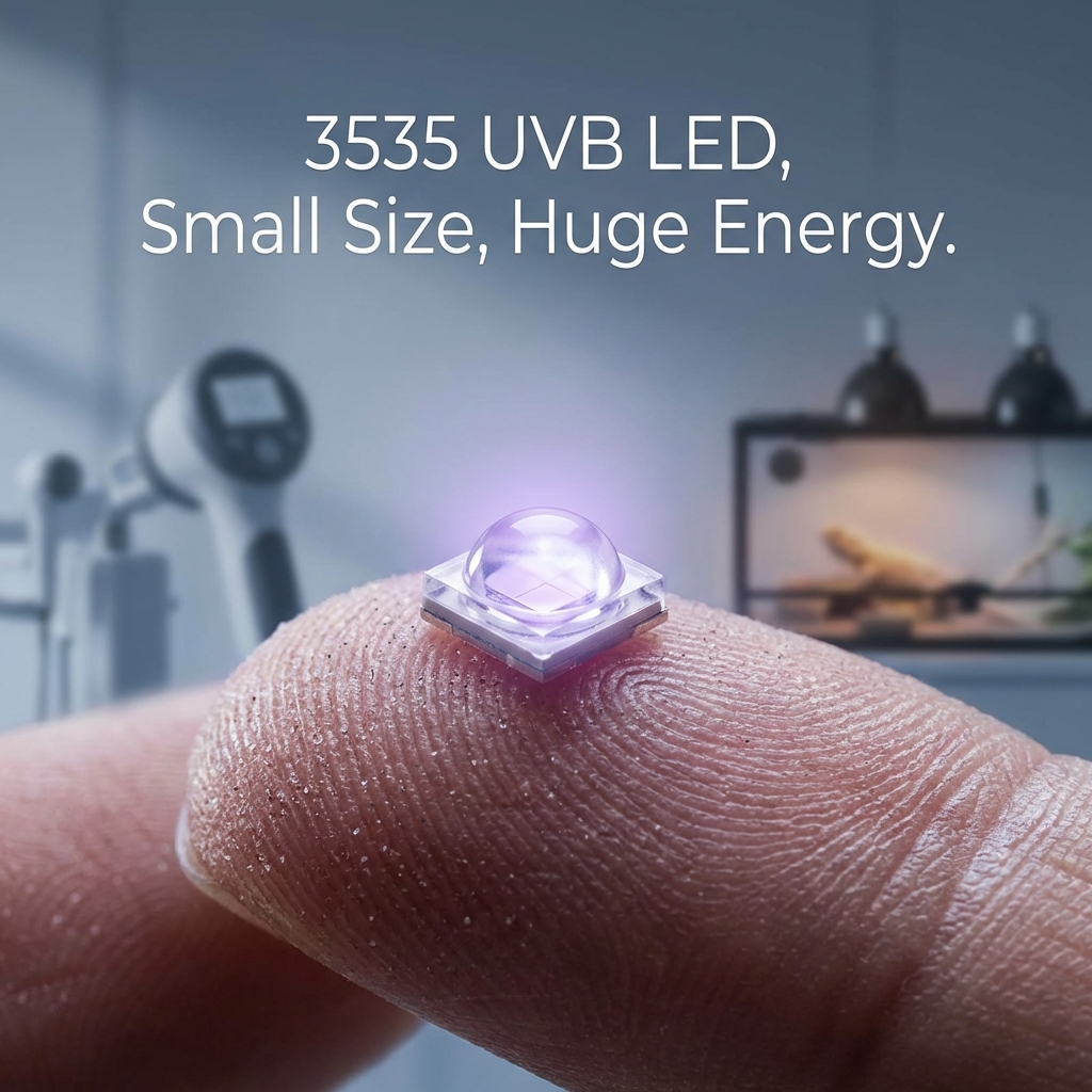 3535 UVB LED 灯珠宏观摄影，置于指尖，突出小尺寸和其科技感