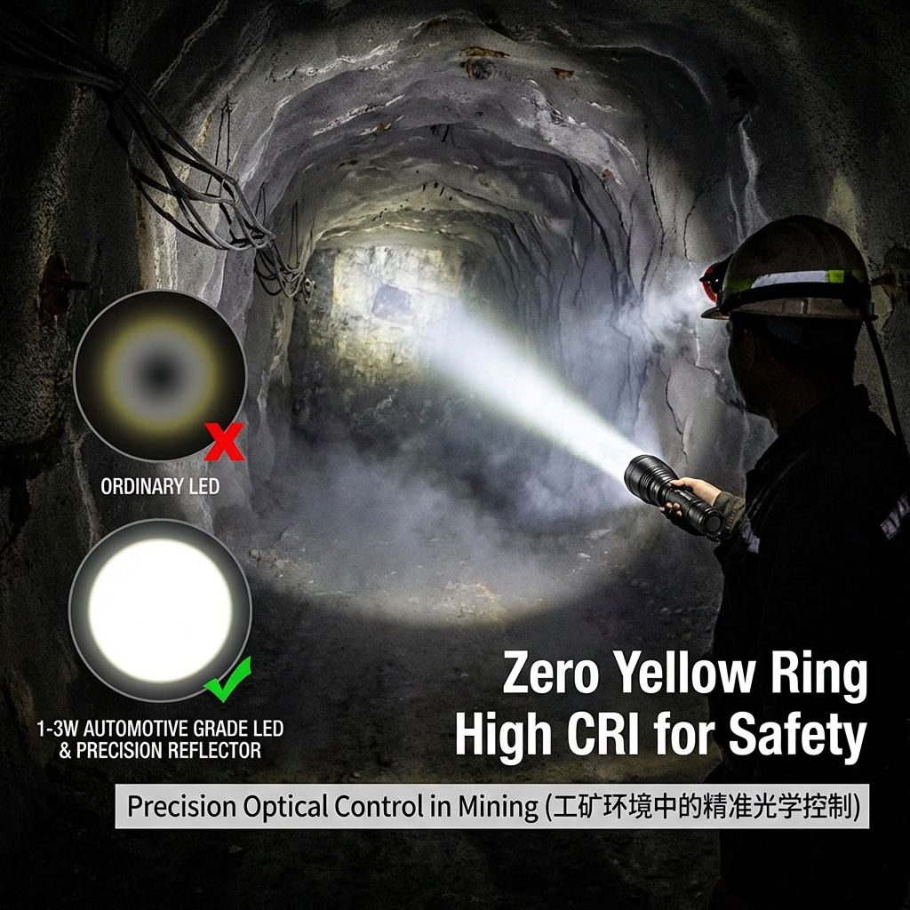 工矿手电筒实测光效对比:车规级LED实现无黄圈、高显指的精准远射光斑