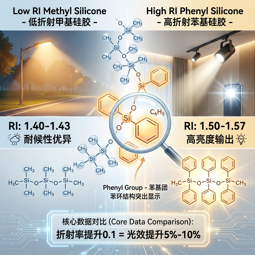 甲基硅胶与苯基硅胶分子结构及光学性能对比，强调苯基硅胶在高折射率和亮度上的优势。