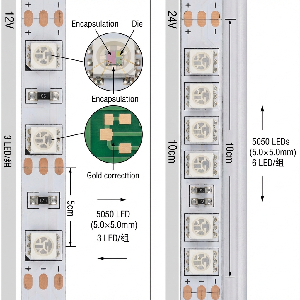 5050灯带12V与24V内部电路微距解析，展示3颗LED与6颗LED串联的结构及剪切位