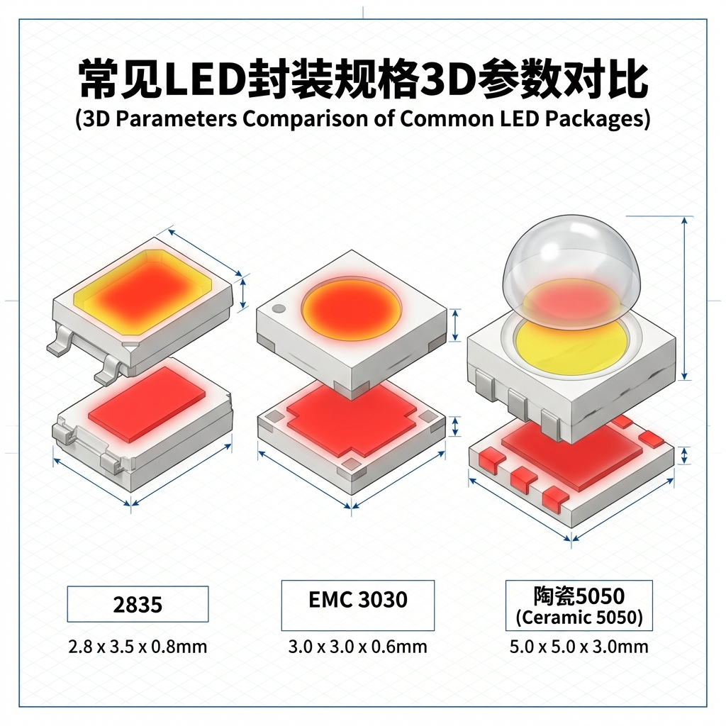 一张清晰的工程对比图表，展示文章中提到的常见LED规格（2835, 3030, 5050）的3D模型差异。画面采用等轴侧视图（Isometric View），并排摆放三个精确的3D模型：细长的2835、正方形的EMC 3030以及带有球形透镜的陶瓷5050。每个模型下方标注出其典型的长、宽、高数据（如5.0 x 5.0 x 3.0mm），并用红色高亮显示散热焊盘和发光面（LES）。此图直接对应文中“读懂灯珠上的数字”部分，直观展示不同型号在3D空间中的占位差异。标注文字：常见LED封装规格3D参数对比 (3D Parameters Comparison of Common LED Packages)。