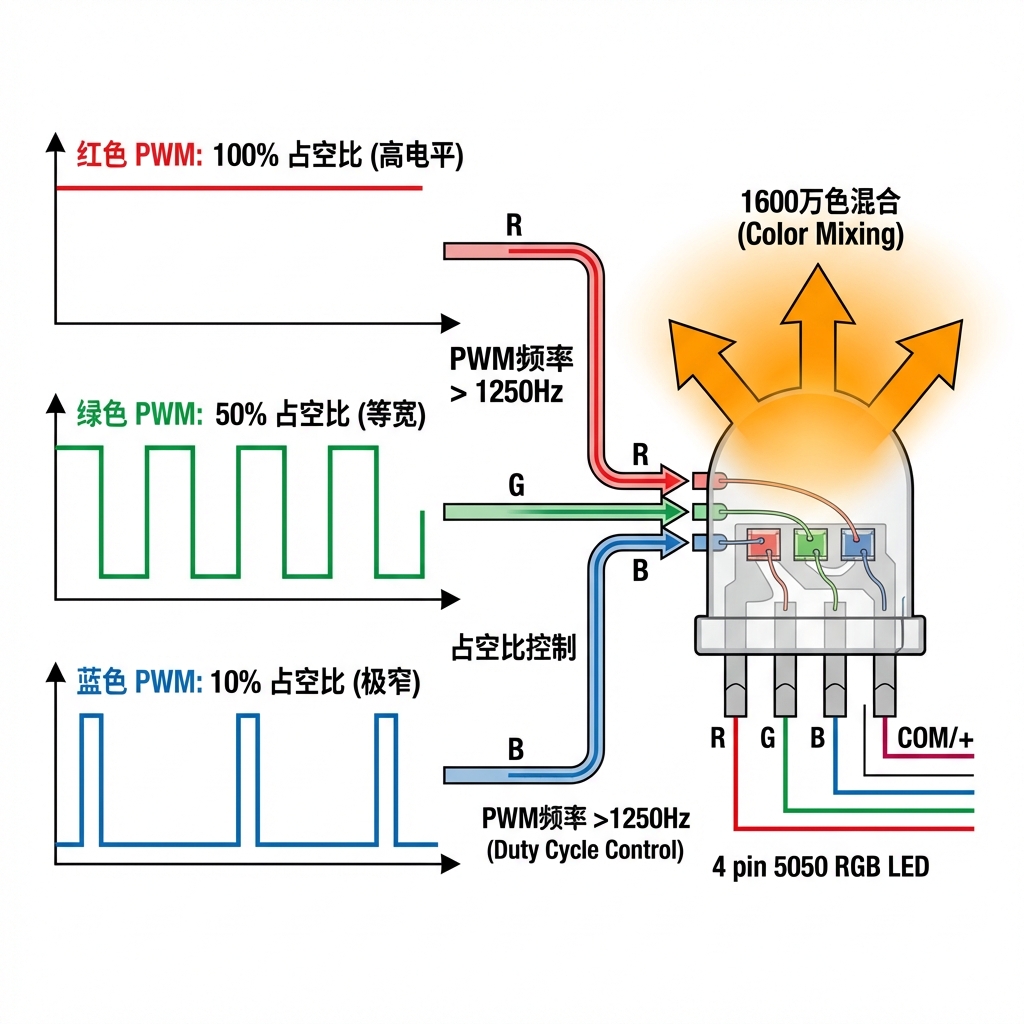 PWM（脉冲宽度调制）控制4脚5050 RGB灯珠颜色的原理示意图，展示不同占空比方波如何混合出多种颜色