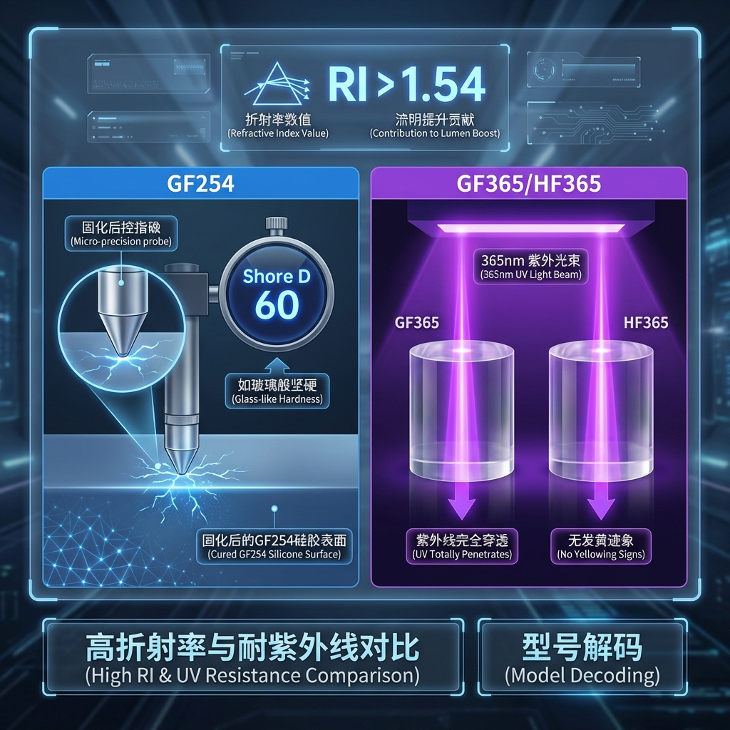 高折射率与耐紫外线对比 (High RI & UV Resistance Comparison) 以及 型号解码 (Model Decoding)