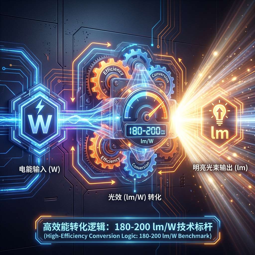 概念图：展示电能（瓦特）通过光效（流明/瓦特）转化为光（流明）的能量转换过程，强调高光效是LED技术的核心。