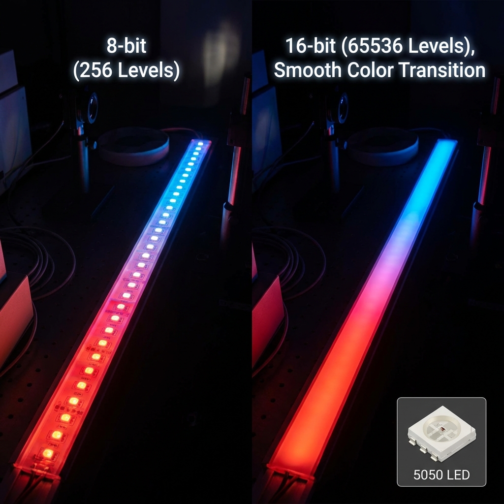 对比展示5050 LED在8位与16位色深下的色彩渐变效果，8位呈现阶梯状断层，16位则平滑无缝。