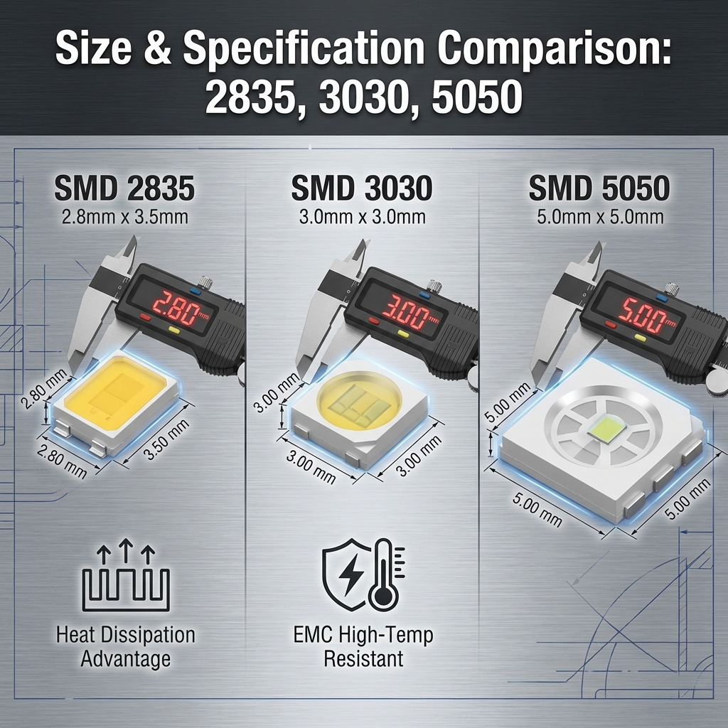 SMD 2835、3030和5050三种主流型号的横向对比图,每颗灯珠旁附带卡尺测量示意,直观展示尺寸差异,并标注2835的散热面优势与3030的EMC耐高温特性。