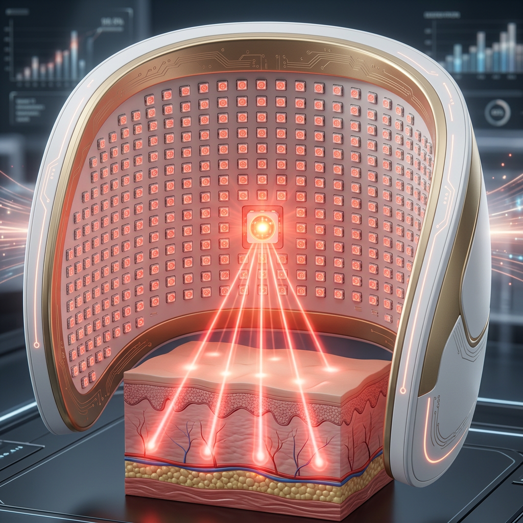 科技感高端医美面罩内部展示,密集的3535红外LED灯珠排布,彰显1-3W大功率深层穿透力