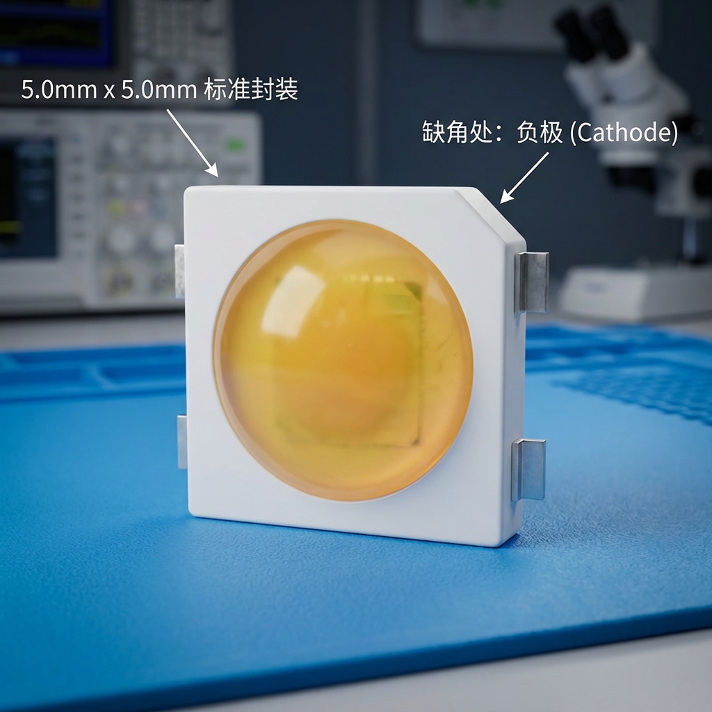 5050四脚LED芯片3D高清微距渲染图,展示5.0mm x 5.0mm标准封装和右上角清晰的缺角(Chamfer)负极标识,背景为专业实验室桌面。