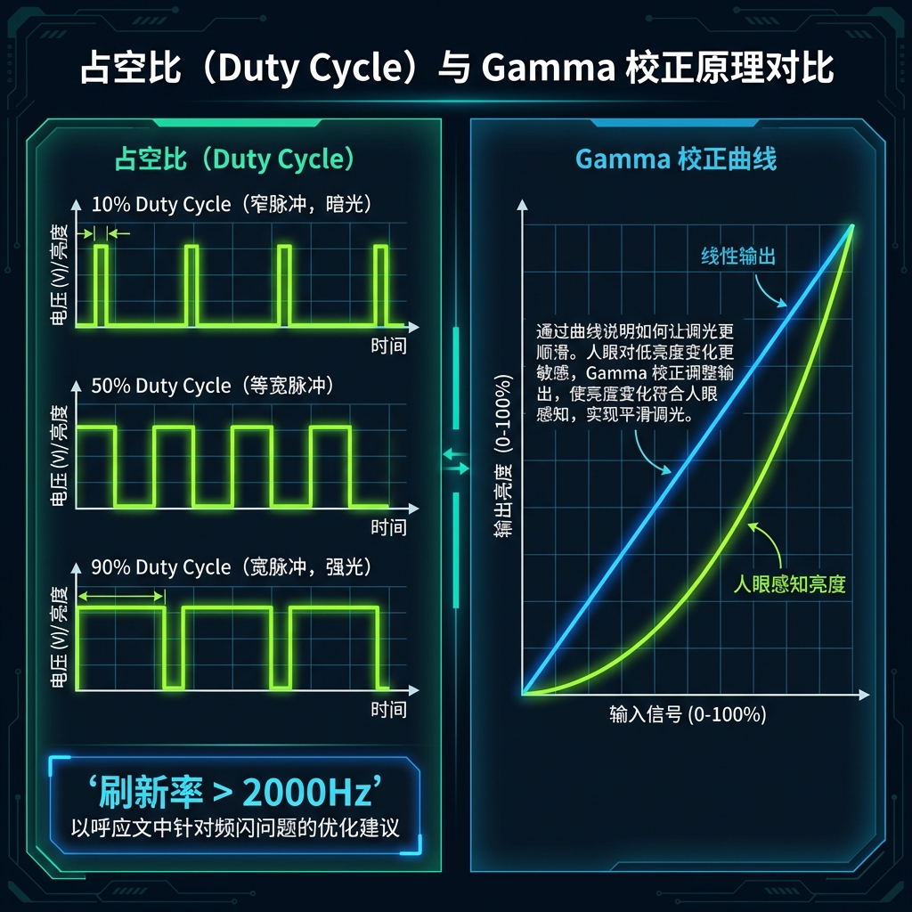 PWM占空比与Gamma校正原理图：展示不同占空比的方波如何影响亮度，以及Gamma校正曲线如何优化人眼感知的线性亮度，图中强调刷新率对视觉体验的重要性。