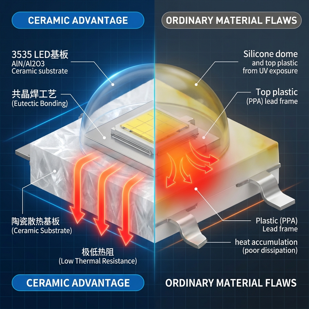 3535灯珠内部结构3D剖面示意图，对比陶瓷基板与普通材料的散热性能，展示陶瓷基板共晶焊工艺的极低热阻。