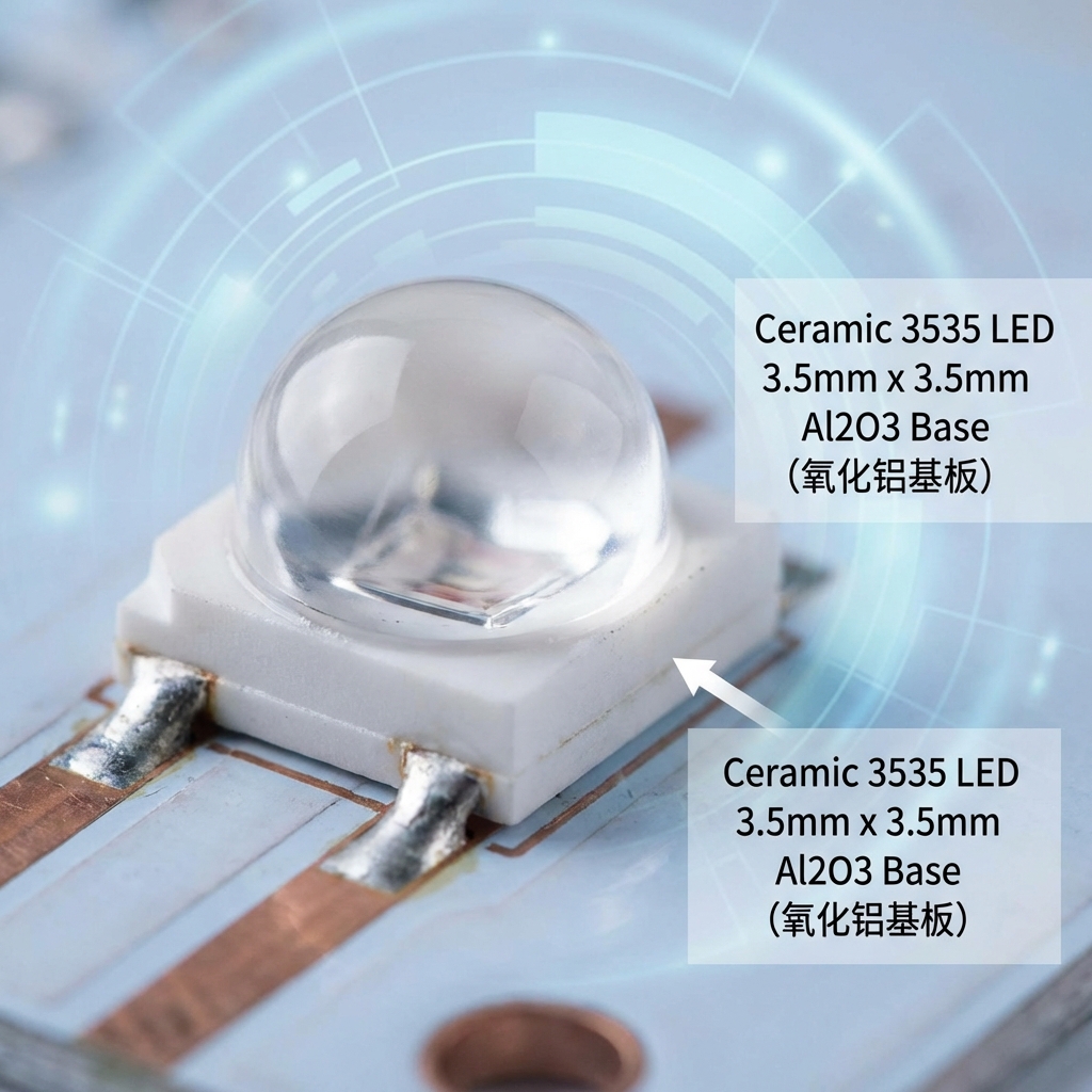 陶瓷3535远红外LED微距特写，展示其3.5x3.5mm氧化铝陶瓷基板和半球形硅胶透镜，以及其高导热特性