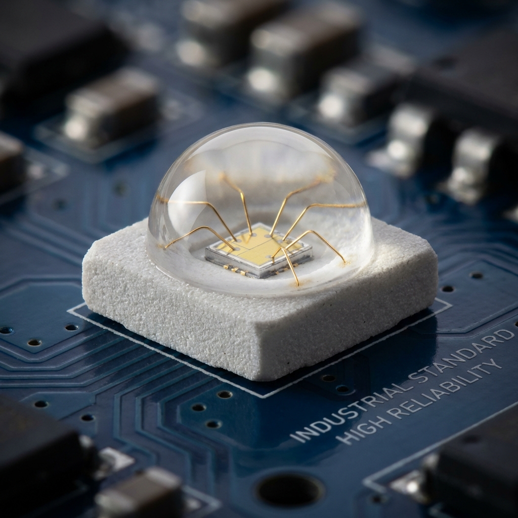 陶瓷3535仿科锐灯珠的宏观特写，展示其3.5x3.5mm尺寸、白色陶瓷基板、硅胶透镜以及精密PCB背景，强调工业标准与高可靠封装。