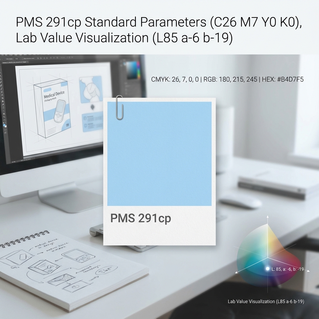 PMS 291cp 标准参数：色卡显示 CMYK (26, 7, 0, 0)，RGB (180, 215, 245)，HEX (#B4D7F5)，Lab 坐标 (L85, a-6, b-19)，背景为设计师桌面和包装草图，体现专业与科技感。