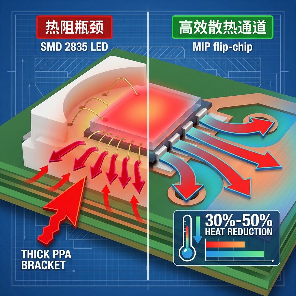 SMD与MIP封装热管理对比示意图，左侧展示SMD封装热量通过金线和支架形成热阻瓶颈，右侧MIP倒装芯片结构实现高效散热通道。