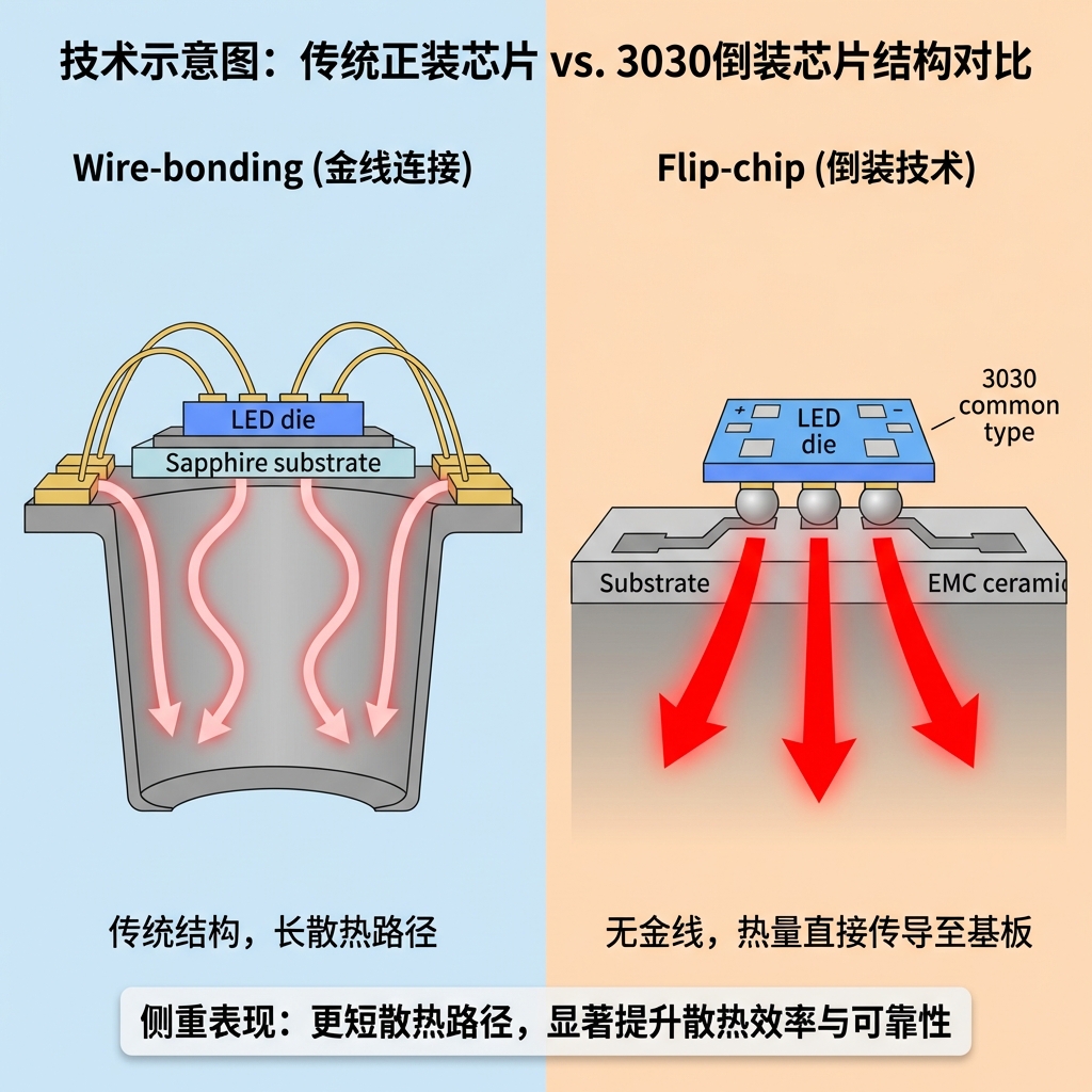 倒装芯片技术示意图，对比正装芯片的金线连接与倒装芯片的无金线直接贴合，突出散热优势。