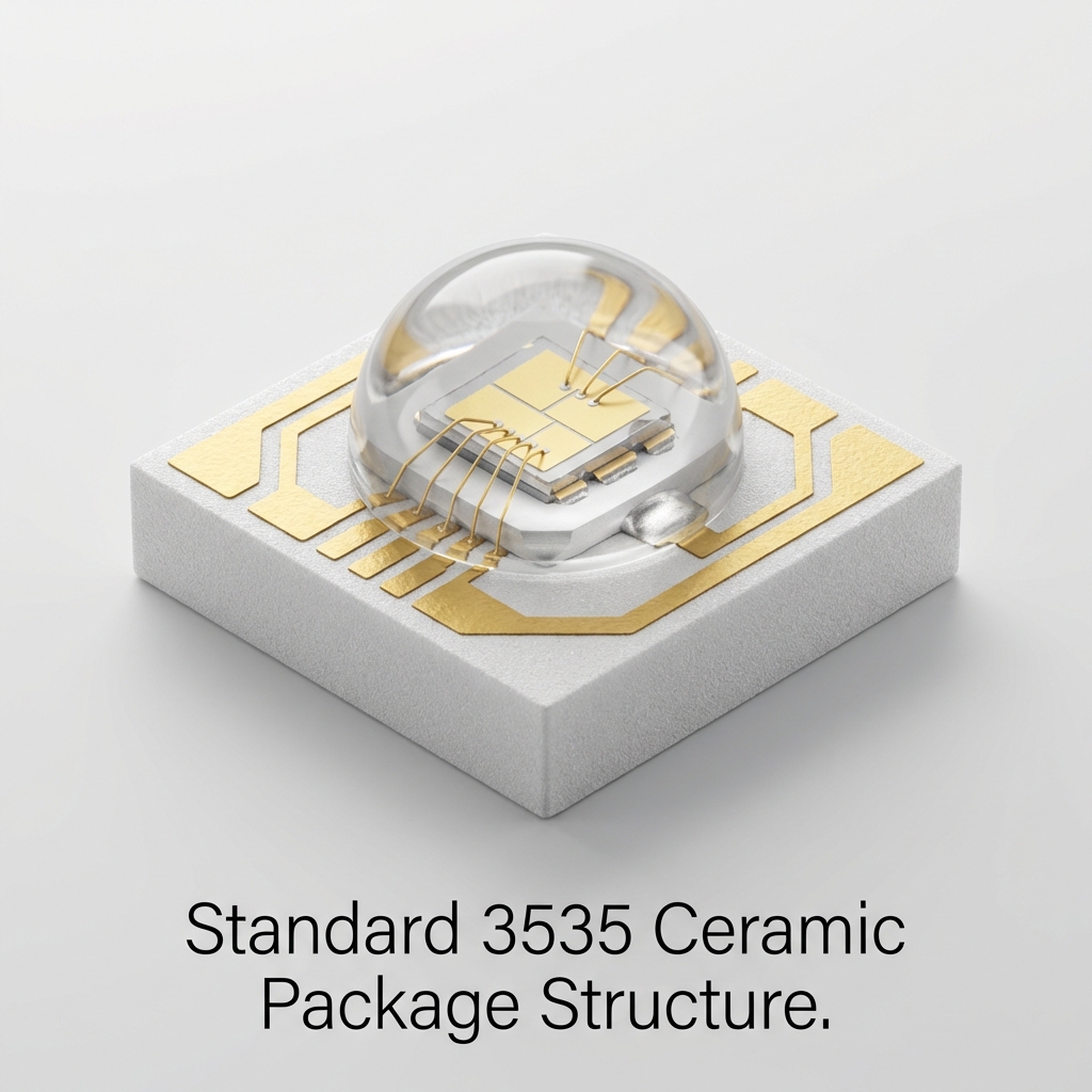 一张高精细的3535陶瓷LED灯珠3D宏观渲染图，视觉中心展示标准3.5mm x 3.5mm的白色氧化铝陶瓷基座，其上布有精密的DPC金层电路。基座中心通过共晶焊接固定一颗大尺寸功率芯片，并覆盖半球形透明硅胶透镜。背景整洁，突出陶瓷材质的坚硬质感与工业设计的精准。