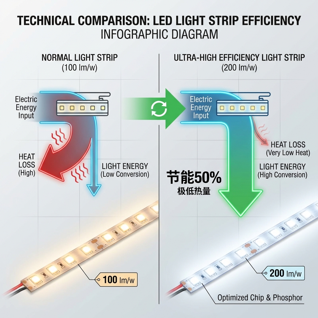技术对比示意图，展示100lm/w普通灯带与200lm/w超高光效灯带在电能转化光能和热损耗方面的差异，并标注50%节能