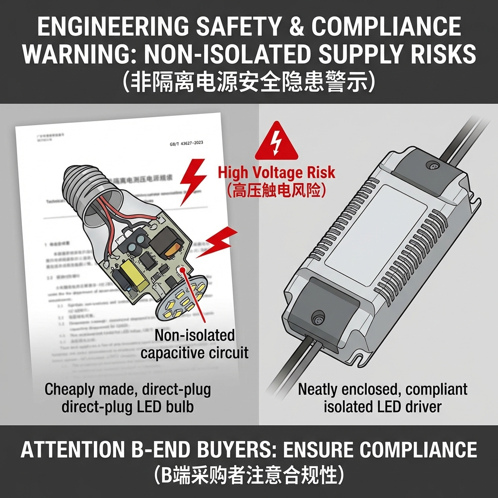 直插式LED灯泡内部阻容降压电路及高压触电风险警示图