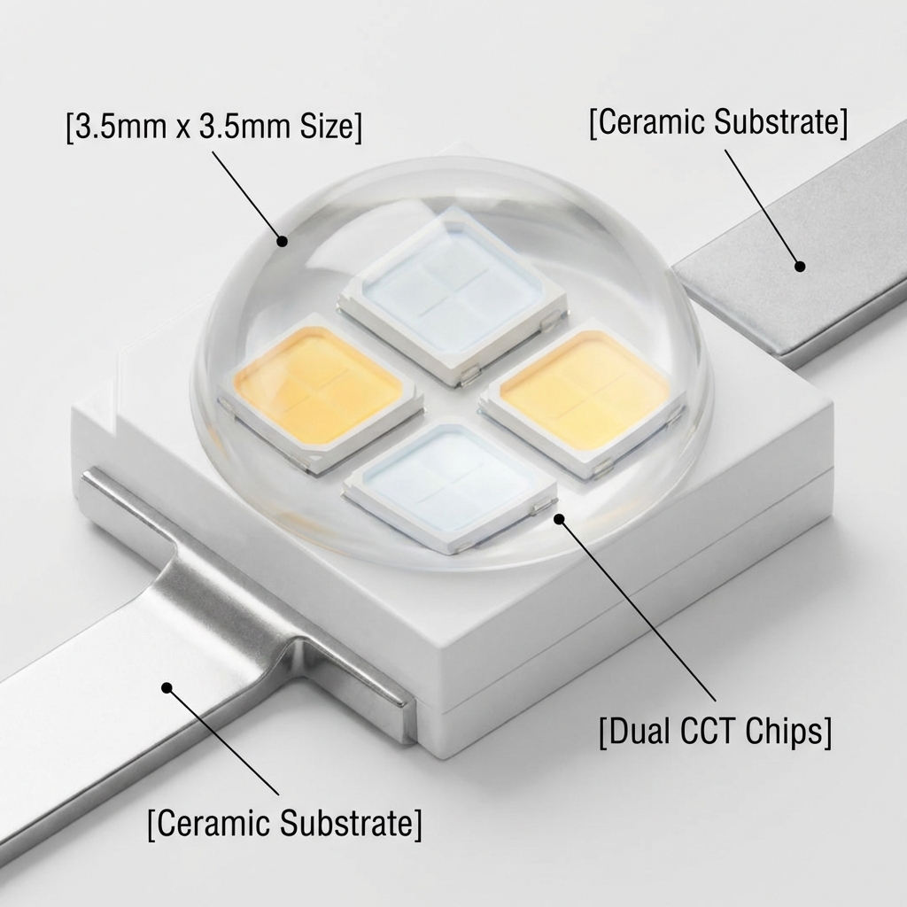 3D特写渲染。一颗SMD 3535双色温灯珠，展示3.5mm x 3.5mm标准尺寸。透明硅胶透镜内部清晰可见交叉排布的暖白与冷白芯片。底部为白色陶瓷基板，质感坚硬精密。标注文字：[3.5mm x 3.5mm Size], [Ceramic Substrate], [Dual CCT Chips]. 构图为横向特写，展现工业设计美感。