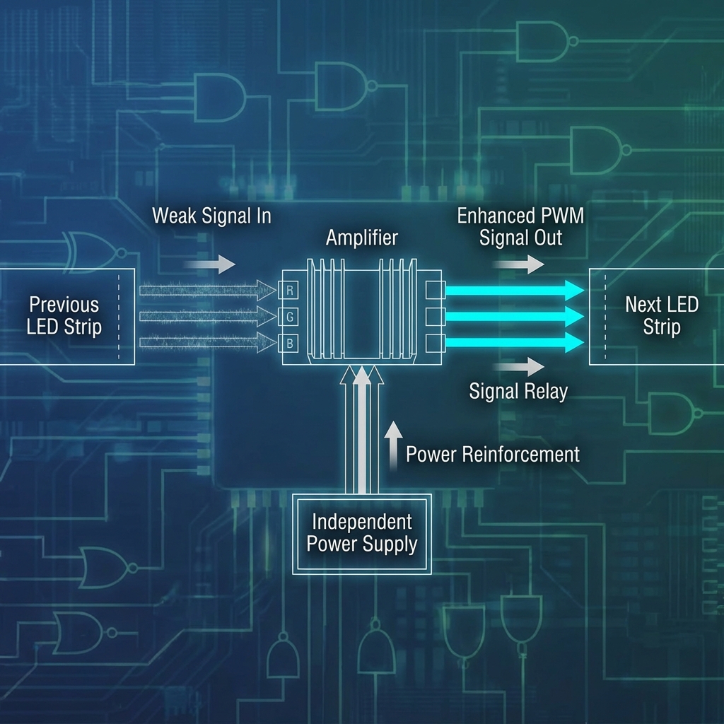 技术原理示意图，展示RGB信号放大器接收来自前一段灯带的信号，下方连接独立的直流电源，然后输出增强后的PWM信号给下一段灯带，并标注'Signal Relay'和'Power Reinforcement'。