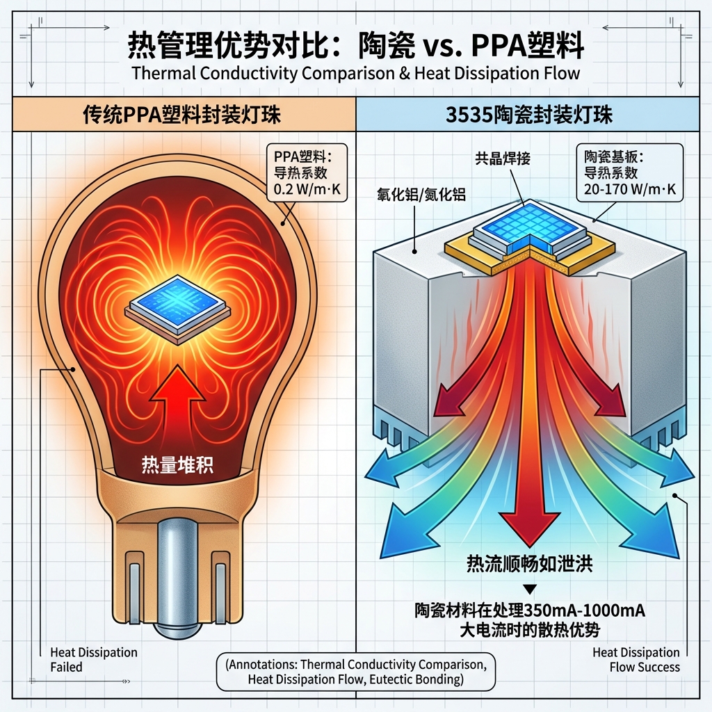 热管理优势对比图：传统PPA塑料封装与3535陶瓷封装灯珠的导热系数和散热流向对比，突出陶瓷基板的高效散热与共晶焊接的低热阻