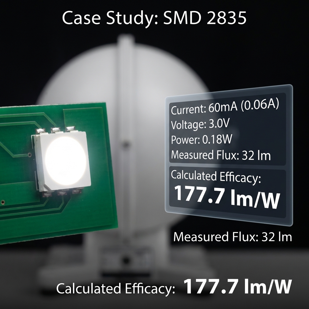 SMD 2835 灯珠测试特写：60mA、3.0V、功率0.18W、光通量32lm，计算光效177.7 lm/W