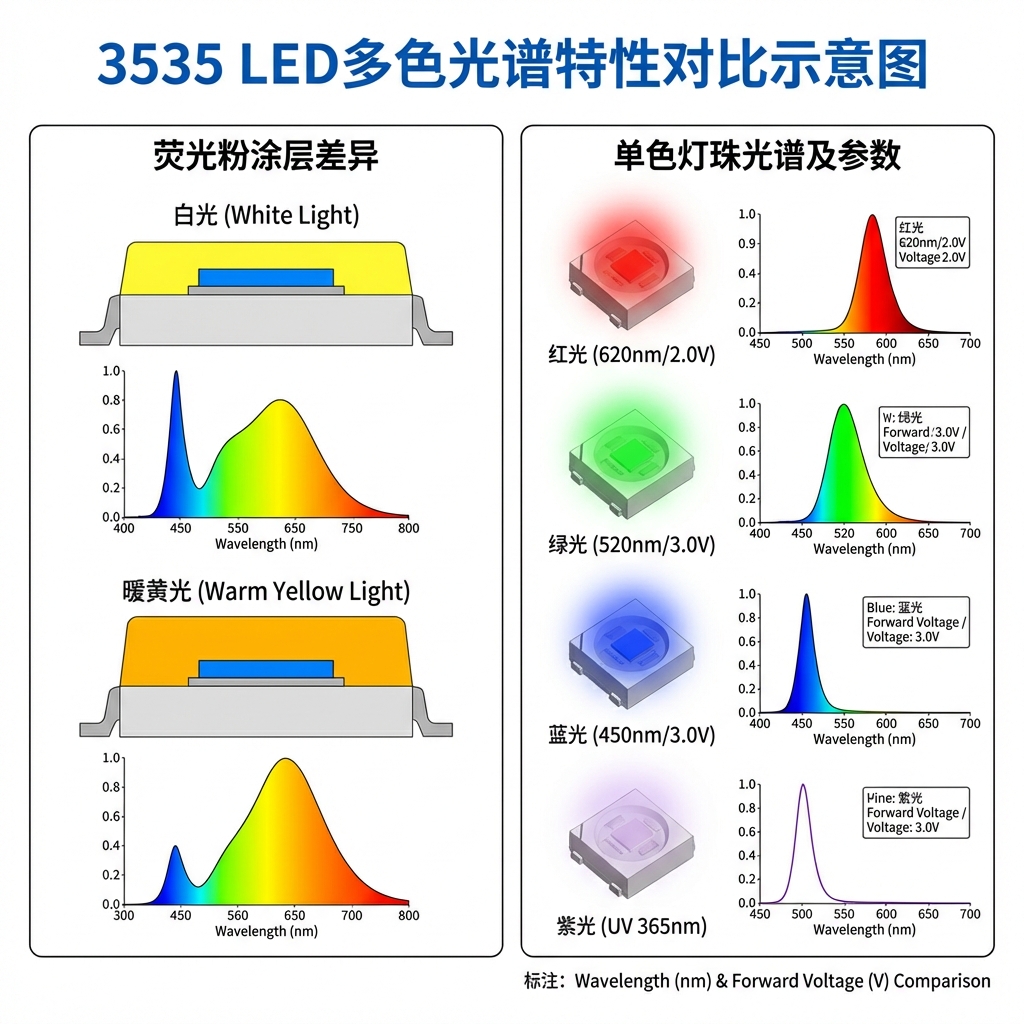 3535 LED多色光谱特性对比示意图。左侧展示白光与暖黄光的荧光粉涂层差异；右侧排列红、绿、蓝、紫单色灯珠，并标注核心参数：红光(620nm/2.0V)、绿光(520nm/3.0V)、蓝光(450nm/3.0V)及紫光(UV 365nm)。标注：Wavelength (nm) & Forward Voltage (V) Comparison.