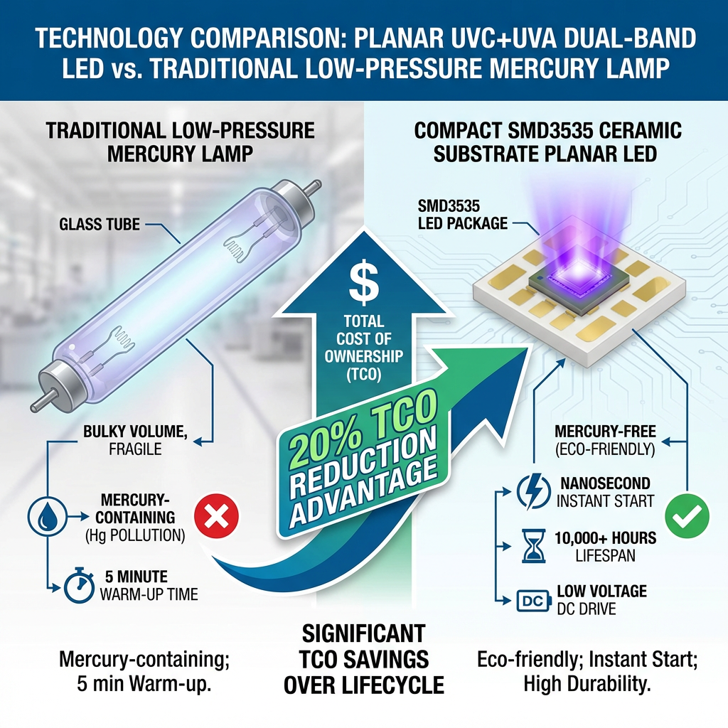 平面UVC+UVA双波段LED与传统低压汞灯的技术对比图。左侧展示传统汞灯管，标注体积大、易碎、含汞污染及5分钟预热时间；右侧展示紧凑的SMD3535陶瓷基板平面LED，标注无汞环保、纳秒级瞬时启动、10,000小时以上寿命及低压DC驱动。中间通过对比箭头强调LED在全生命周期成本（TCO）上的20%降幅优势。英文标注：Eco-friendly vs Mercury-containing; Instant Start; High Durability.