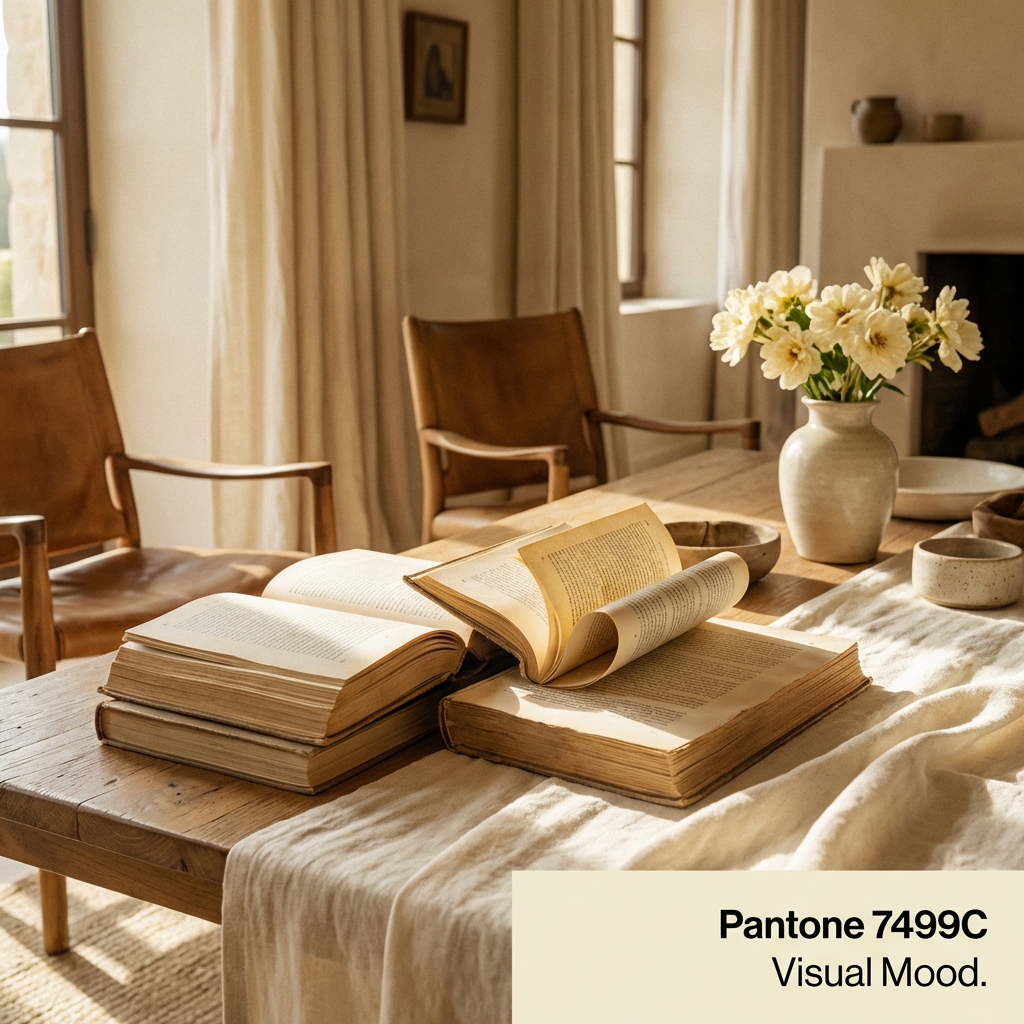 高端酒店室内摄影。视觉中心为下午三点的阳光洒在桌面的旧书页上，精准呈现潘通7499C（#F1ECD5）的浅米黄与象牙色质感。氛围温暖、高级且自然，体现文中提到的“奶油感”视觉特征。横幅构图，光影柔和。文字标注：Pantone 7499C Visual Mood.