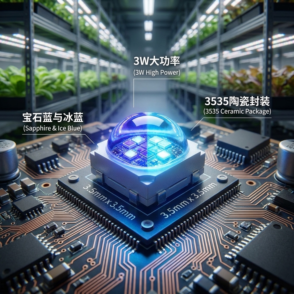 宏观特写镜头：一颗3.5mm x 3.5mm的3535陶瓷LED灯珠置于高科技电路板中心。灯珠散发出深邃的宝石蓝（450nm）与清透的冰蓝色（480nm）交织的光芒，背景是模糊的室内植物工厂。标注：3535陶瓷封装 (3535 Ceramic Package), 3W大功率 (3W High Power), 宝石蓝与冰蓝 (Sapphire & Ice Blue).