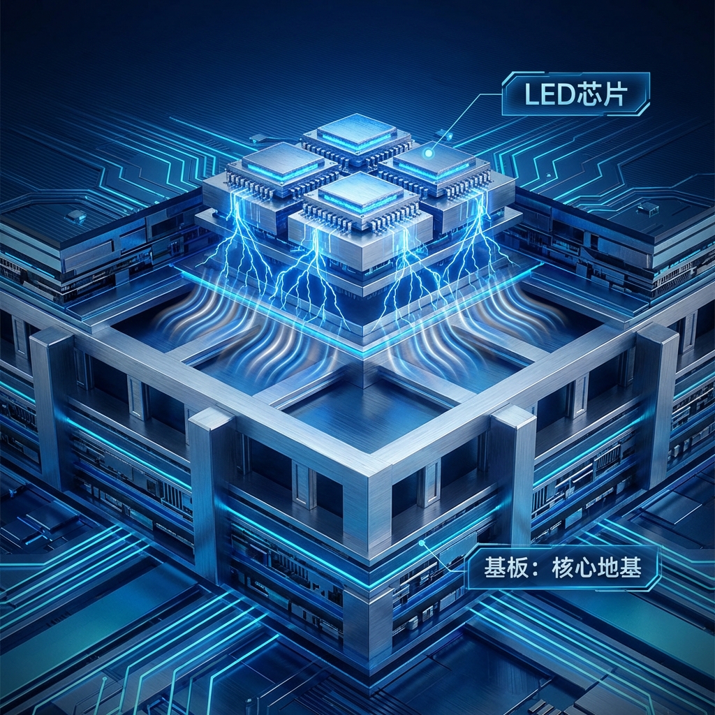 LED显示屏基板的3D横截面渲染图，展示LED芯片如何稳固安装在多层基板上，并强调其作为显示屏“核心地基”的支撑、电气连接和散热功能。