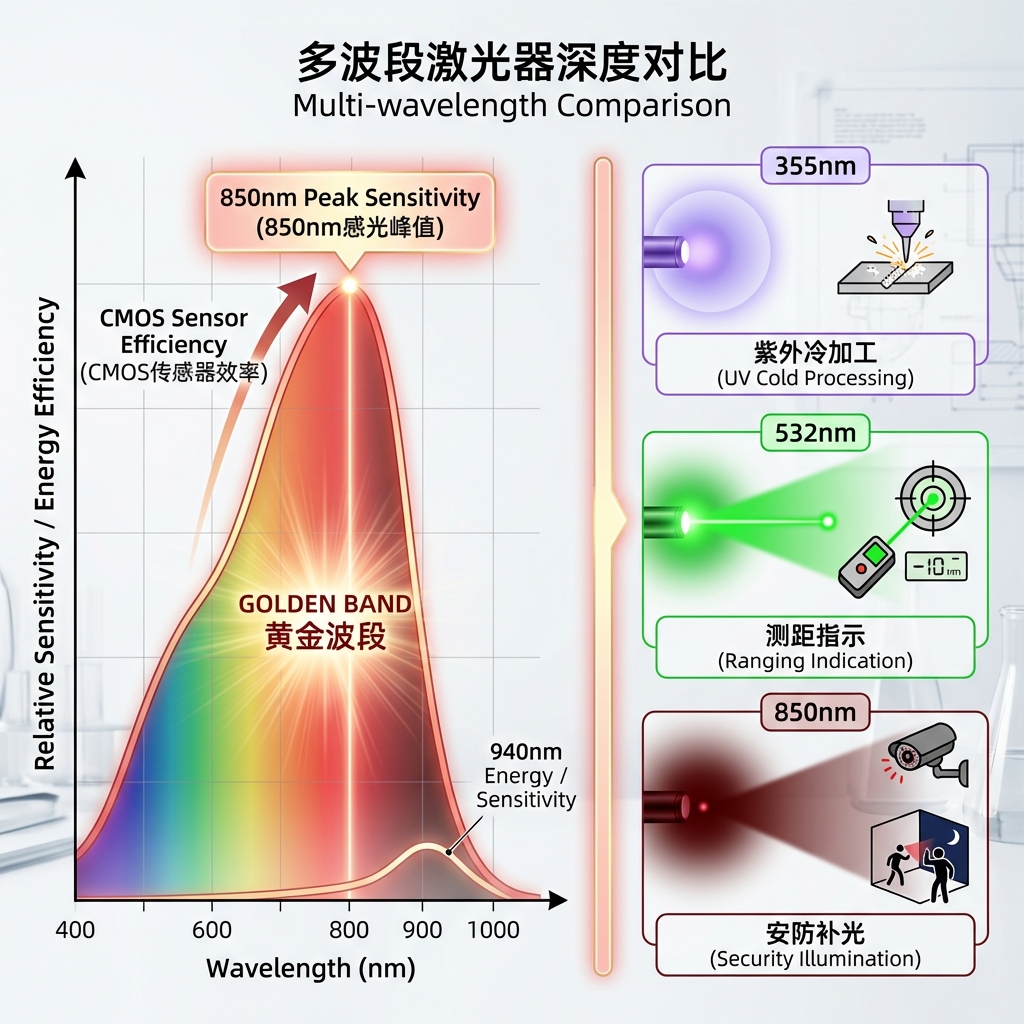 多波段激光器对比信息图，展示850nm在CMOS传感器上的高感光效率，并对比355nm、532nm、850nm激光的应用场景。