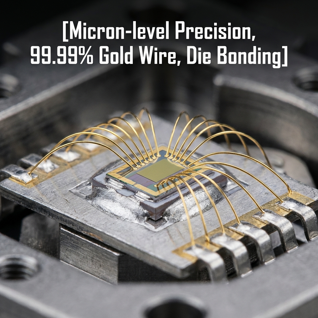 3535灯珠内部的固晶和焊线工艺特写,展示了LED芯片通过银胶固定,并由多根99.99%纯金线连接,体现微米级定位艺术。