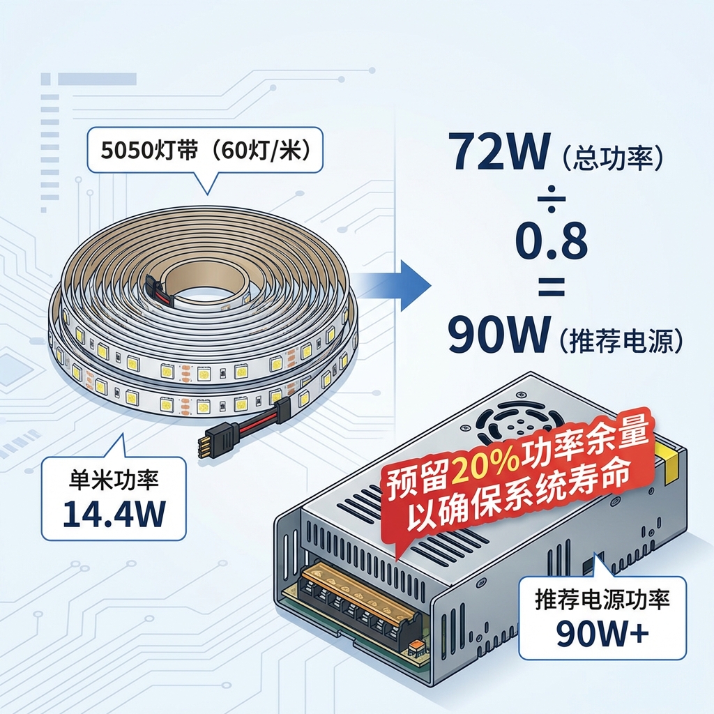 5050灯带功率计算示例与电源选择建议图，强调预留20%功率余量的重要性