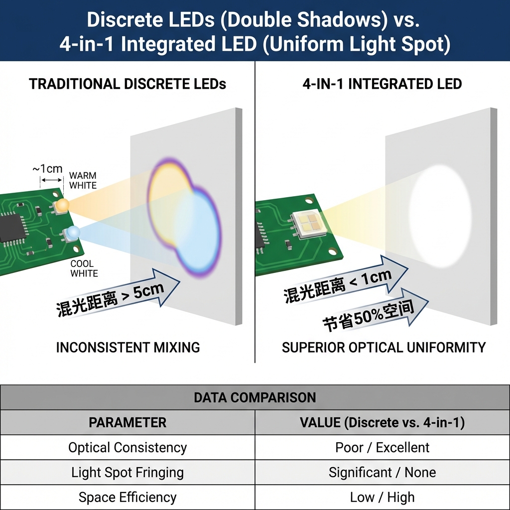 四合一灯珠与传统分立式灯珠的混光效果对比，突出四合一在混光距离和光斑质量上的优势