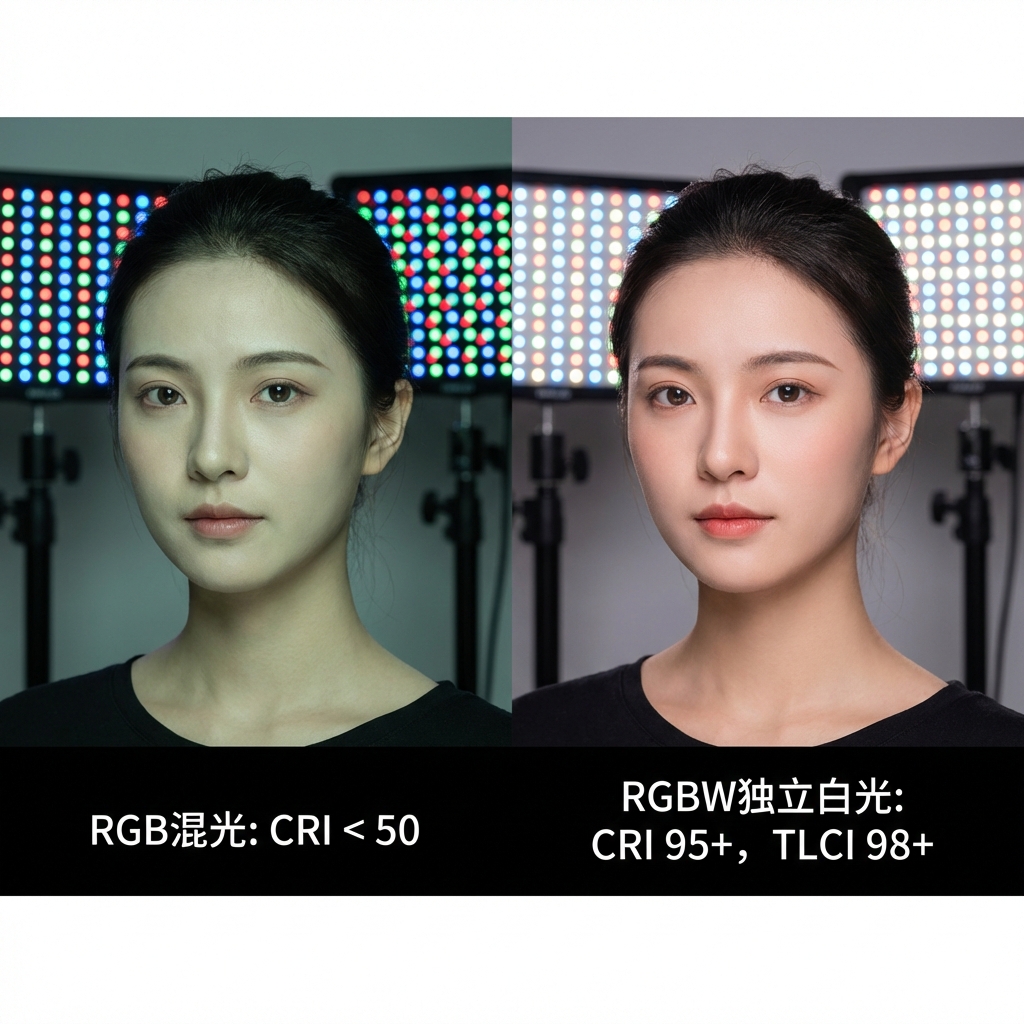 影视摄影补光效果对比图，左侧传统RGB混光导致肤色偏青，右侧3535陶瓷RGBW灯珠提供高CRI/TLCI的自然肤色。
