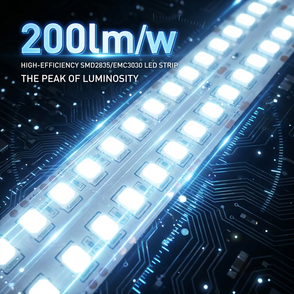 200lm/w LED灯带产品海报，展示高亮度SMD灯珠和200lm/w的超高光效标识