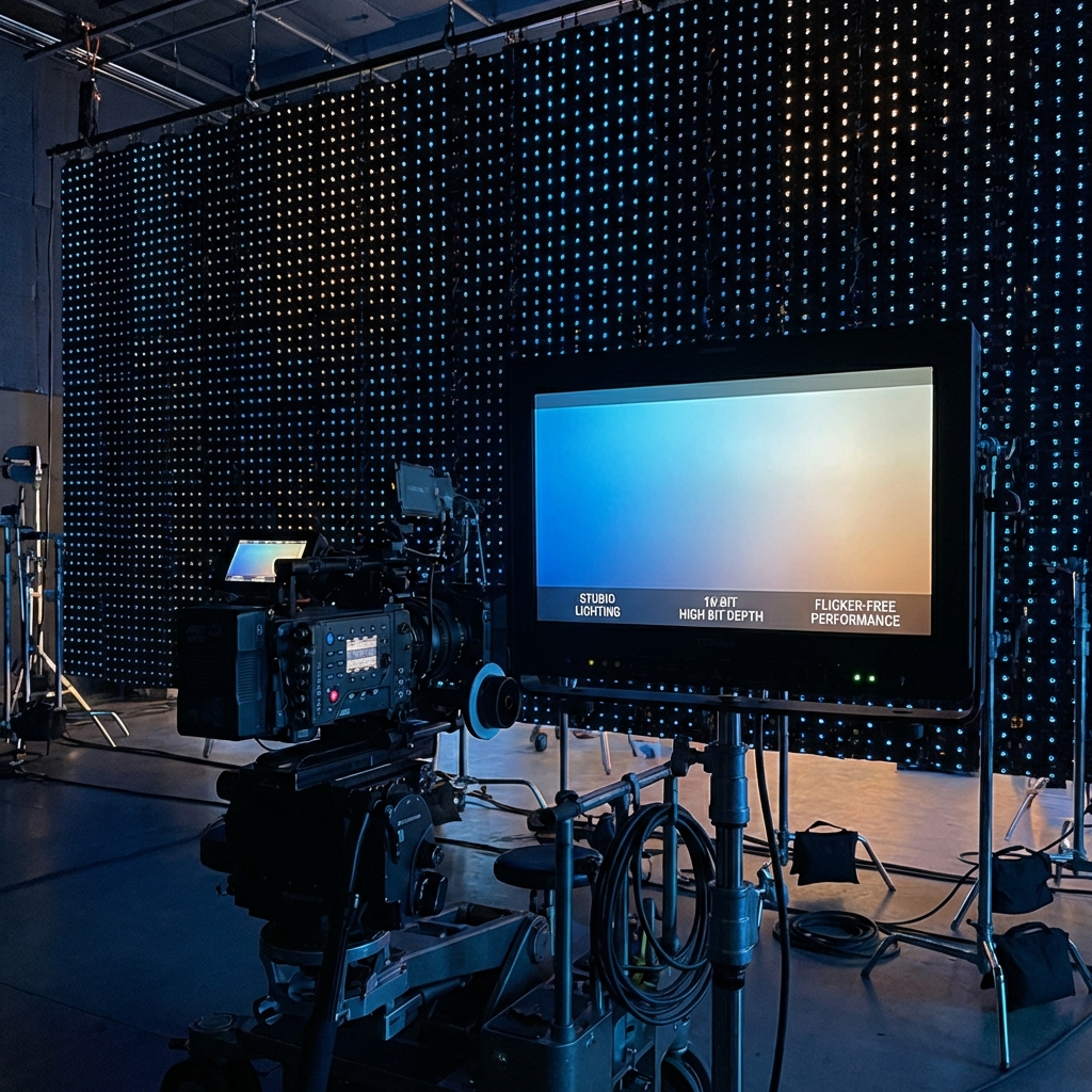 高端舞台或影视拍摄现场，5050 LED灯阵进行低亮度色彩变换，摄影机画面显示平滑无闪烁，展现16位高色深在专业领域的应用。