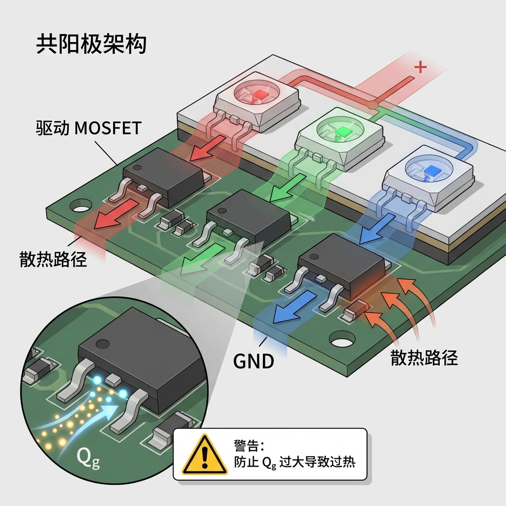 RGB输出控制电路硬件架构图：展示共阳极LED驱动设计，MOSFET作为开关元件控制电流，并特写栅极电荷(Qg)对开关损耗的影响，强调散热路径的重要性。