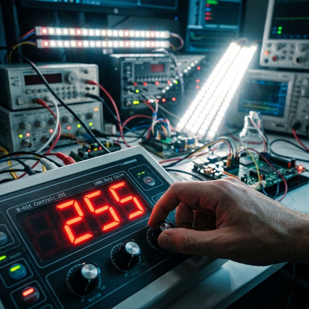 一名工程师在调光台前操作,控制面板显示255,强调LED亮度在8位控制系统下达到100%占空比的满载状态。