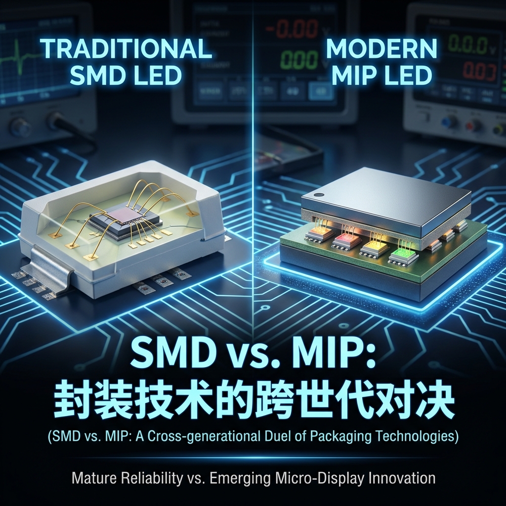 SMD与MIP封装技术对比图，展示了SMD传统金线支架结构与MIP倒装无金线集成封装的根本差异，象征着封装技术的跨世代对决。