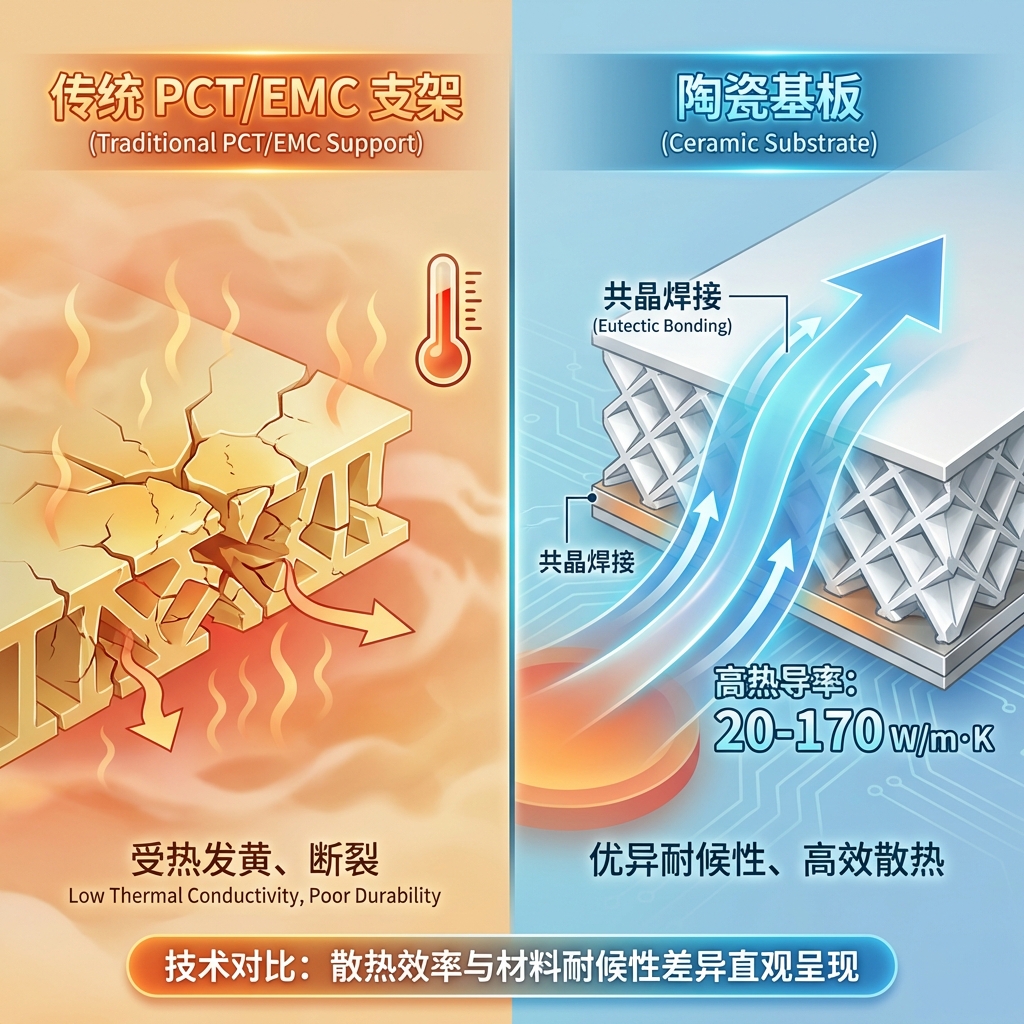 技术对比信息图，展示陶瓷基板（高热导率20-170W/m·K）与传统PCT/EMC支架的散热效率和材料耐候性差异，左侧塑料支架发黄断裂，右侧陶瓷基板热流导通顺畅。