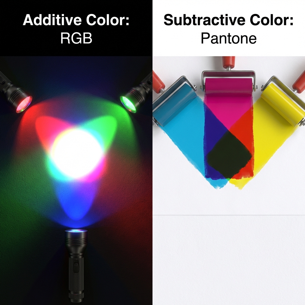 展示加色模式与减色模式的物理差异。左侧，红绿蓝三束光交汇成白光；右侧，青品黄油墨层叠变深。强调光的亮度与颜料反射率的区别。