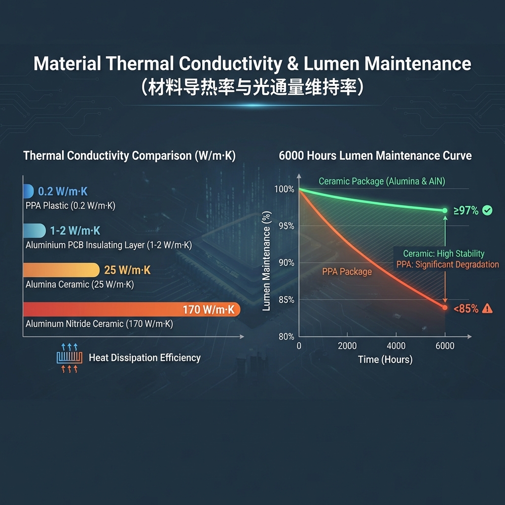 不同LED封装材料的热导率数据对比图,以及陶瓷封装和PPA封装在6000小时后的光通量维持率曲线,突显陶瓷基板卓越的导热和光衰抑制能力。