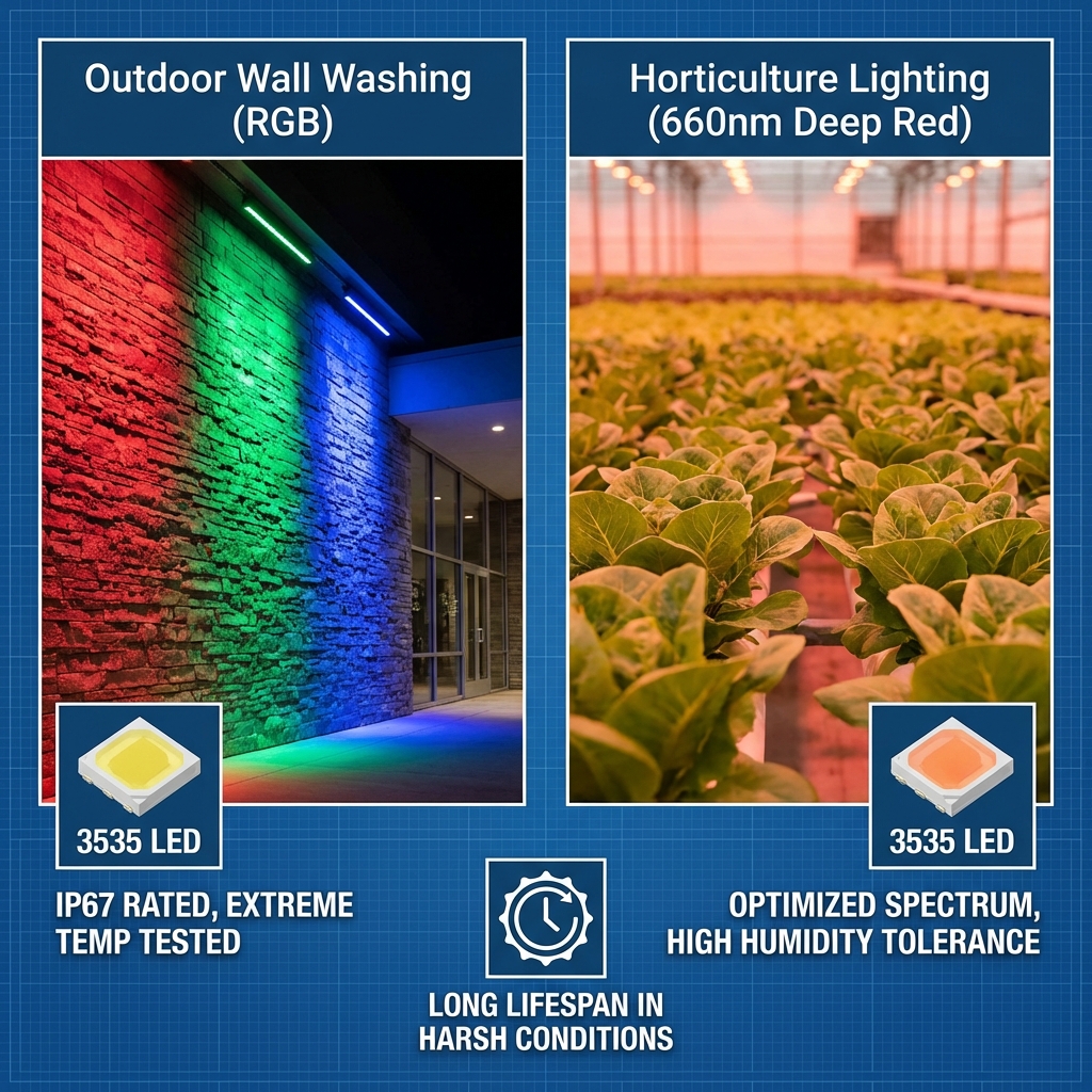 1-3W 3535单色LED灯珠全解析：白光/暖黄/红绿蓝紫光的光谱特性与工程应用