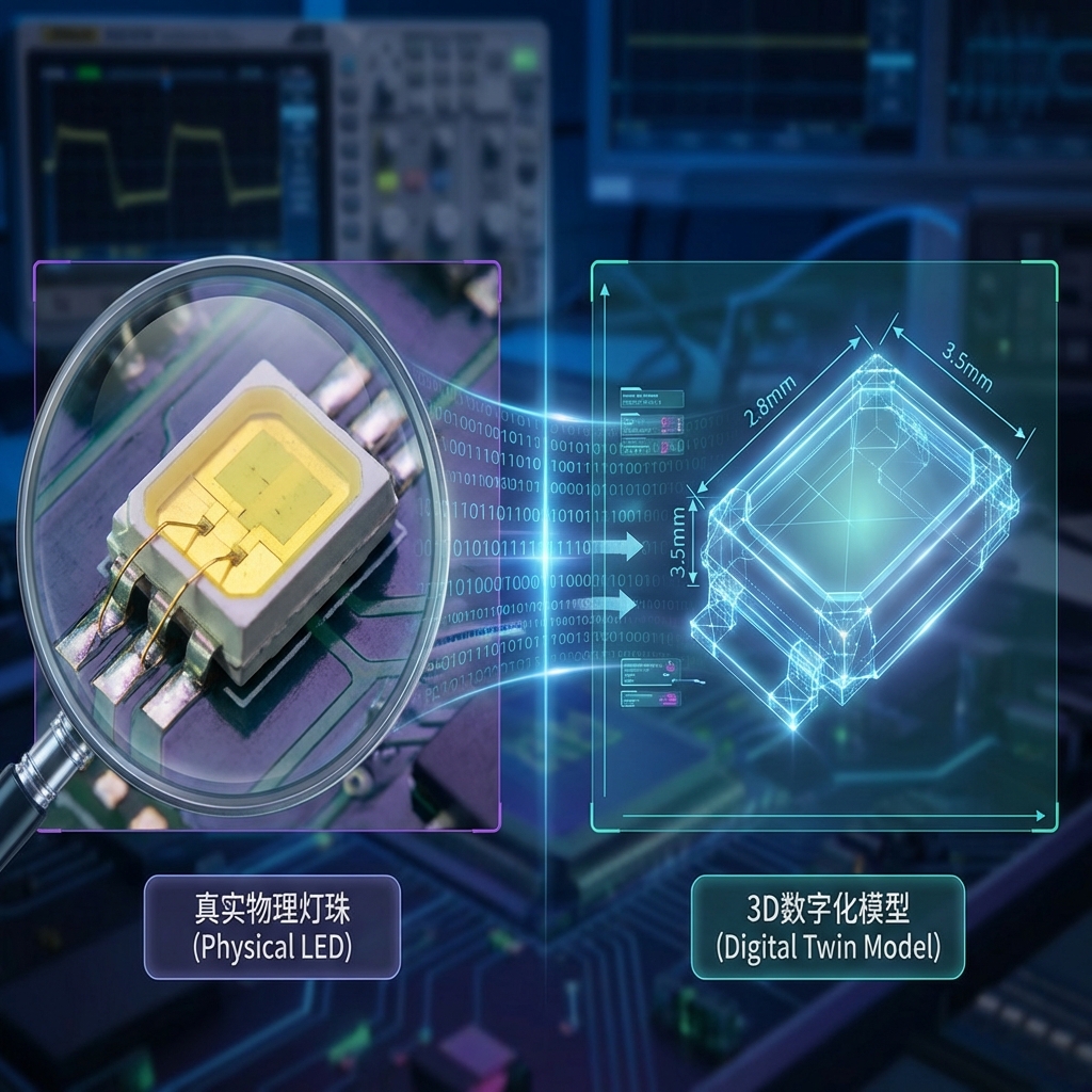 一张具有科技感的横向插图，生动展示LED灯珠的“数字化双胞胎”概念。画面左侧是微距镜头下的真实SMD 2835 LED灯珠，细节清晰可见，包括支架和金线；右侧是与其镜像对应的、发着蓝色荧光的3D线框模型（STEP格式）。在两者交界处，有一些流动的数字化代码和几何尺寸标注线。背景为深邃的电子工程实验室风格，强调文章开篇提到的“数字化双胞胎”不仅是图画，更是精密的数据集合。标注文字：真实物理灯珠 (Physical LED) vs 3D数字化模型 (Digital Twin Model)。