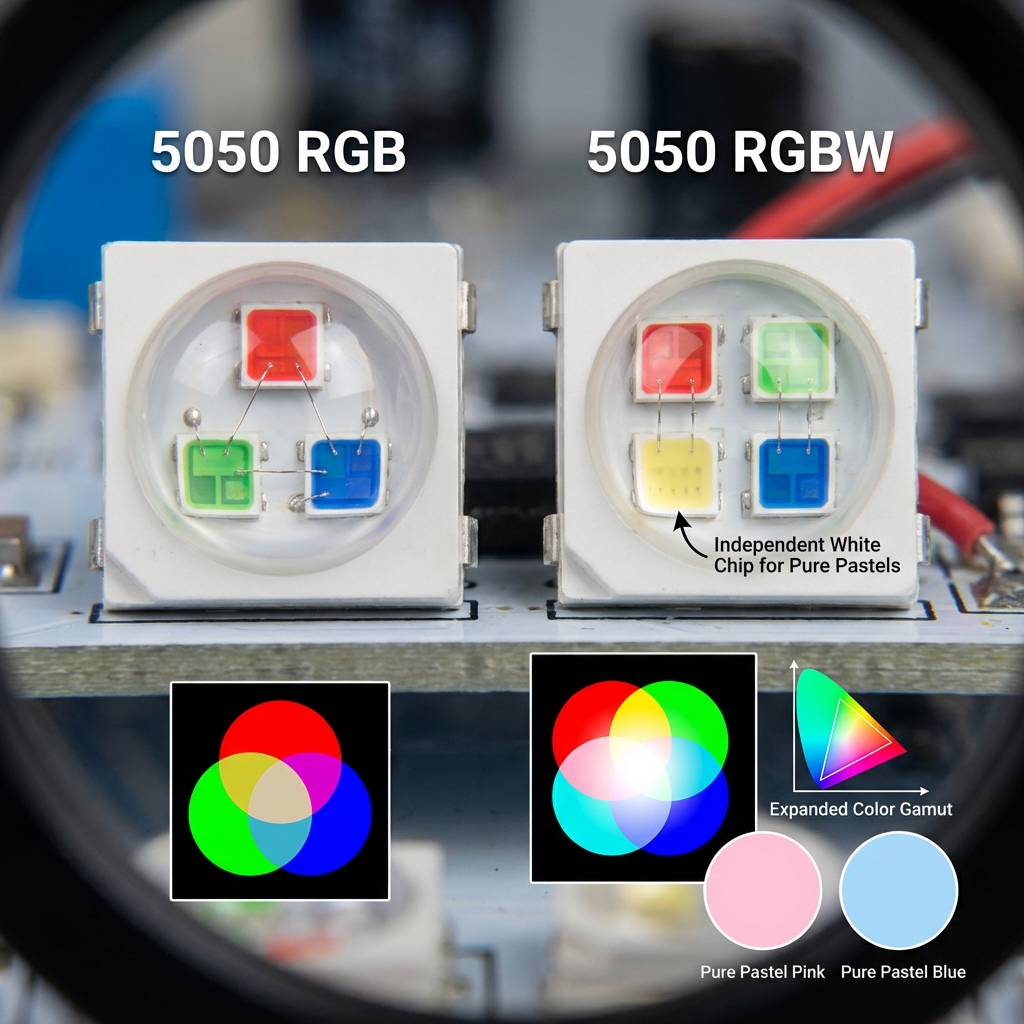 5050 RGB与5050 RGBW灯珠结构对比，突出RGBW新增的独立白色芯片及其在色彩混合中的优势。