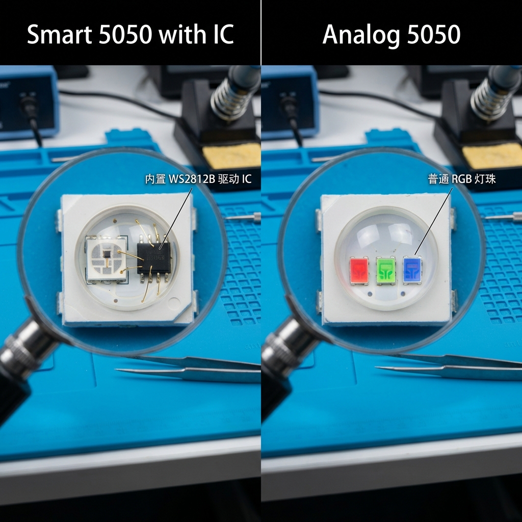 智能 5050 与普通模拟 5050 灯珠内部对比,左侧可见内置黑色驱动 IC,右侧为无 IC 的模拟灯珠